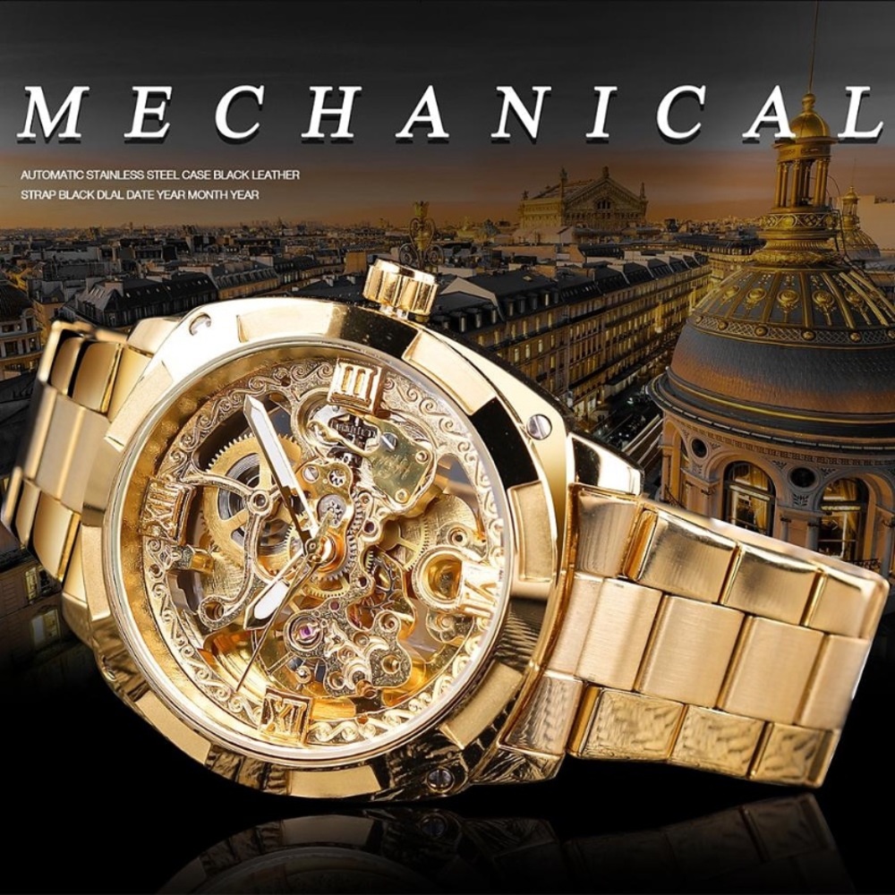 Gold Skeleton Watch with Metal Link Bracelet and Textured Bezel